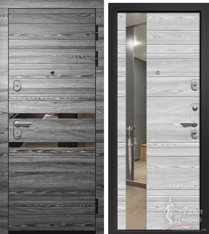 Стальная дверь ОРФЕЙ-611 Вяз кан. век. графит+молд, Вяз кань. век.айс вставка «зеркало»